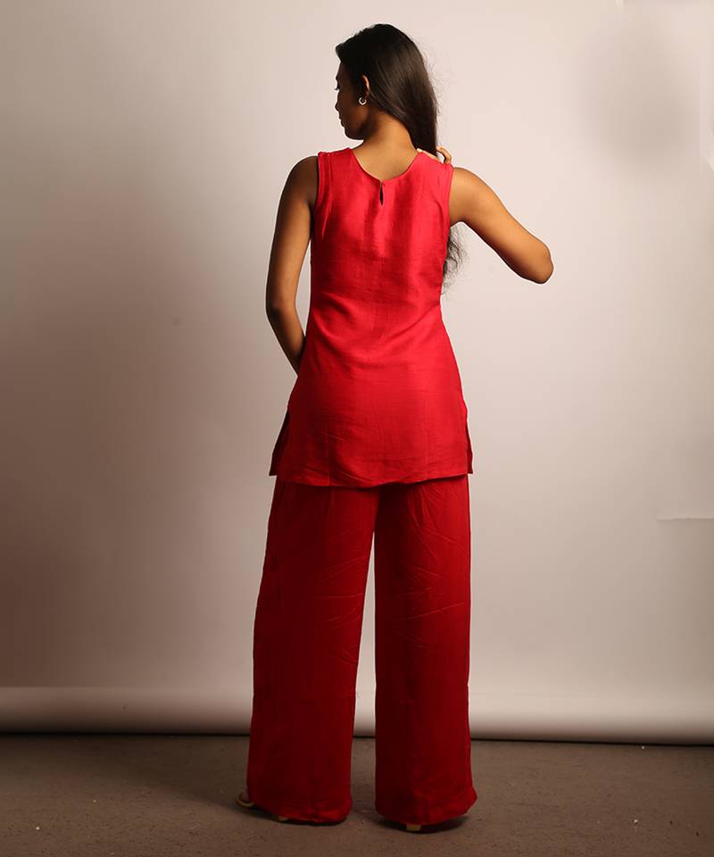 Red embroidered raw silk co ord set