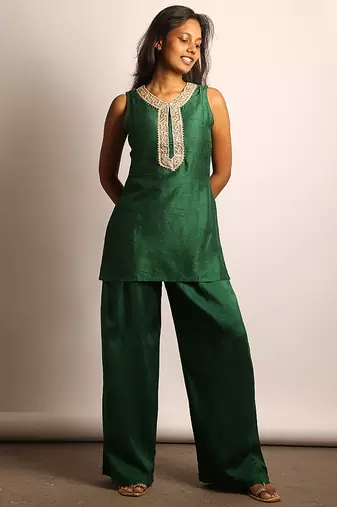 Green embroidered raw silk co ord set