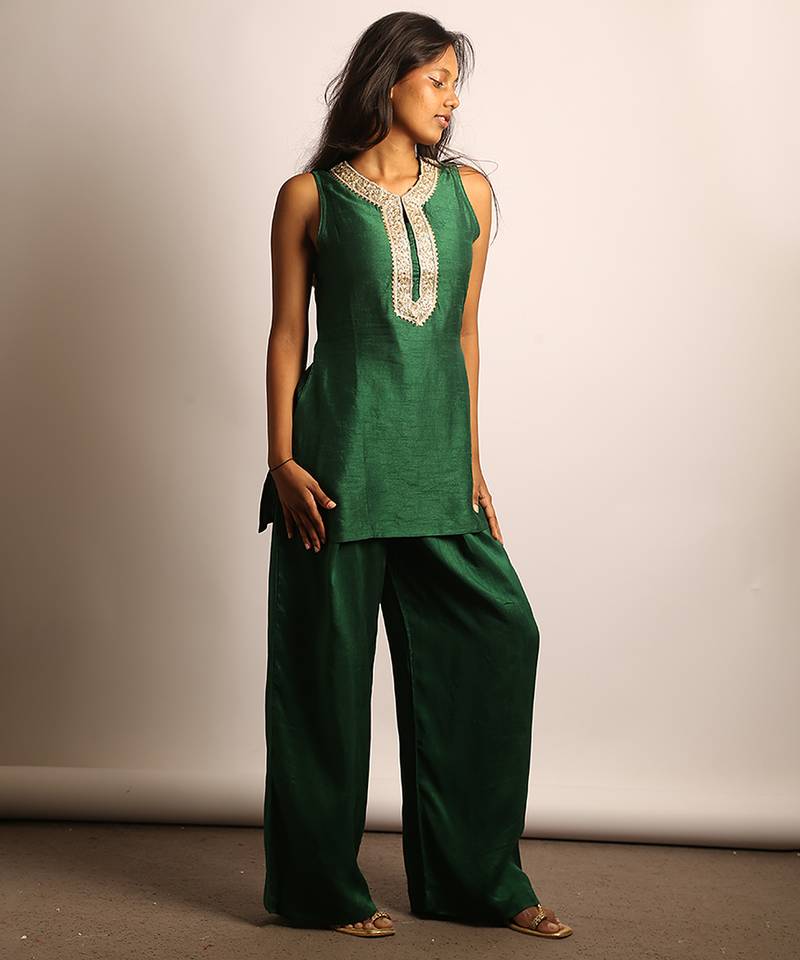 Green embroidered raw silk co ord set