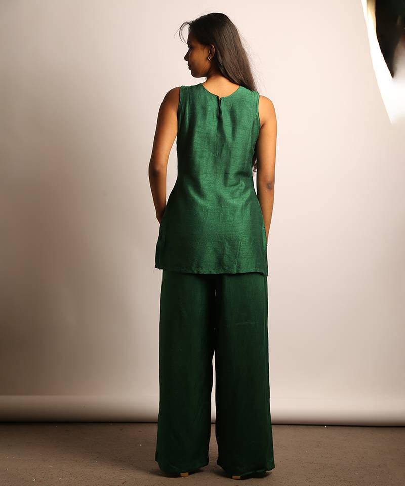 Green embroidered raw silk co ord set
