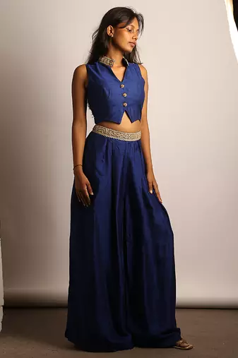 Royal blue embroidered raw silk co ord set