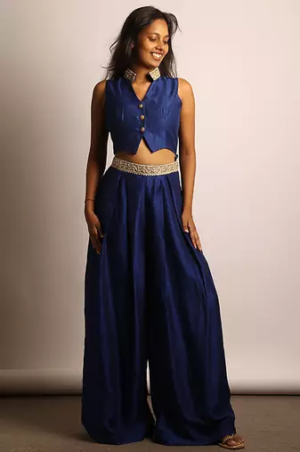 Royal blue embroidered raw silk co ord set