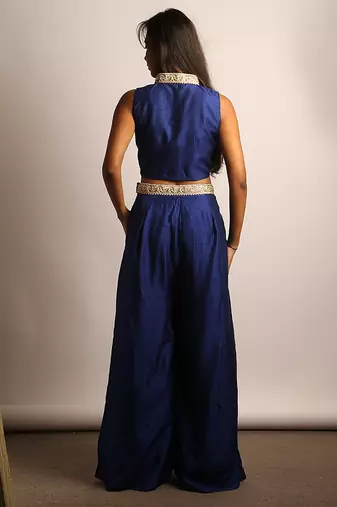 Royal blue embroidered raw silk co ord set
