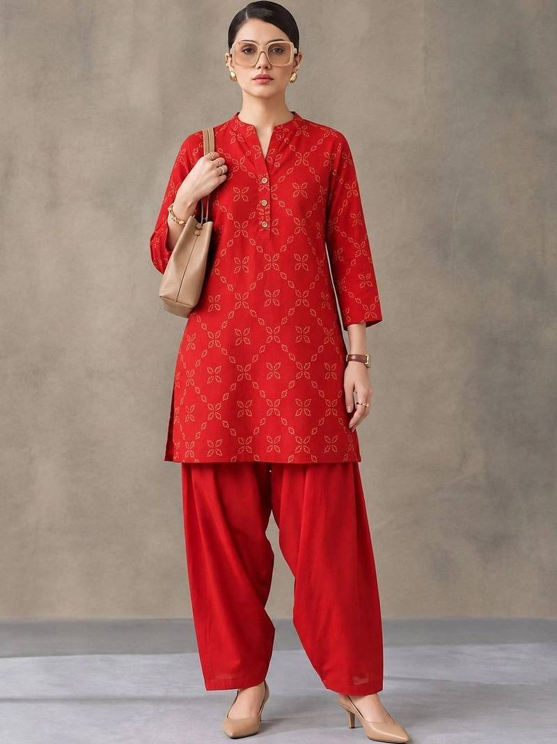 women printed regular cotton kurta with patiala