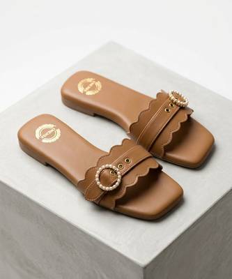 Tan scallop artificial leather sliders 2
