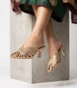 Gold strappy artificial leather mules