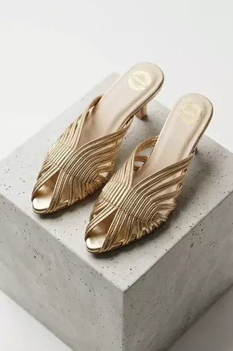 Gold strappy artificial leather mules