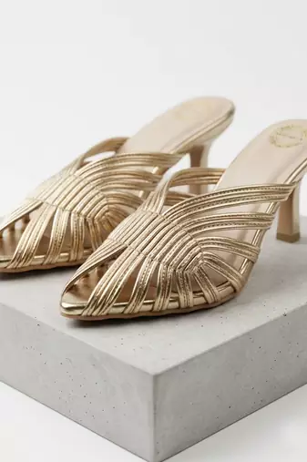 Gold strappy artificial leather mules