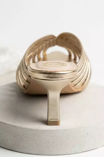 Gold strappy artificial leather mules