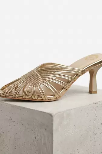 Gold strappy artificial leather mules