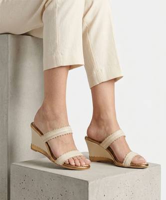 Cream lace scallop artificial leather wedges 1