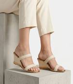 Cream lace scallop artificial leather wedges