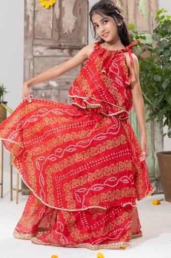 red color Double-Layer Bandhani Lehenga Set