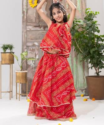 red color Double-Layer Bandhani Lehenga Set 3