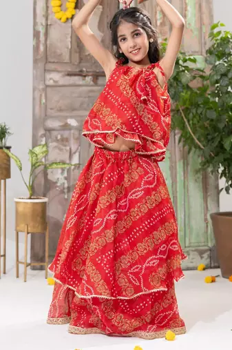 red color Double-Layer Bandhani Lehenga Set