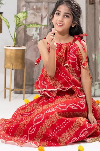 red color Double-Layer Bandhani Lehenga Set