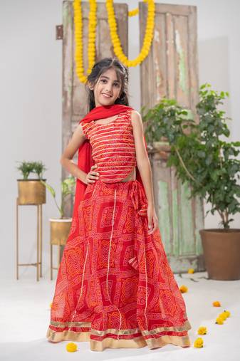 red color Bandhani Lehenga Choli with Dupatta