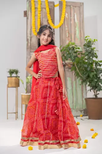 red color Bandhani Lehenga Choli with Dupatta