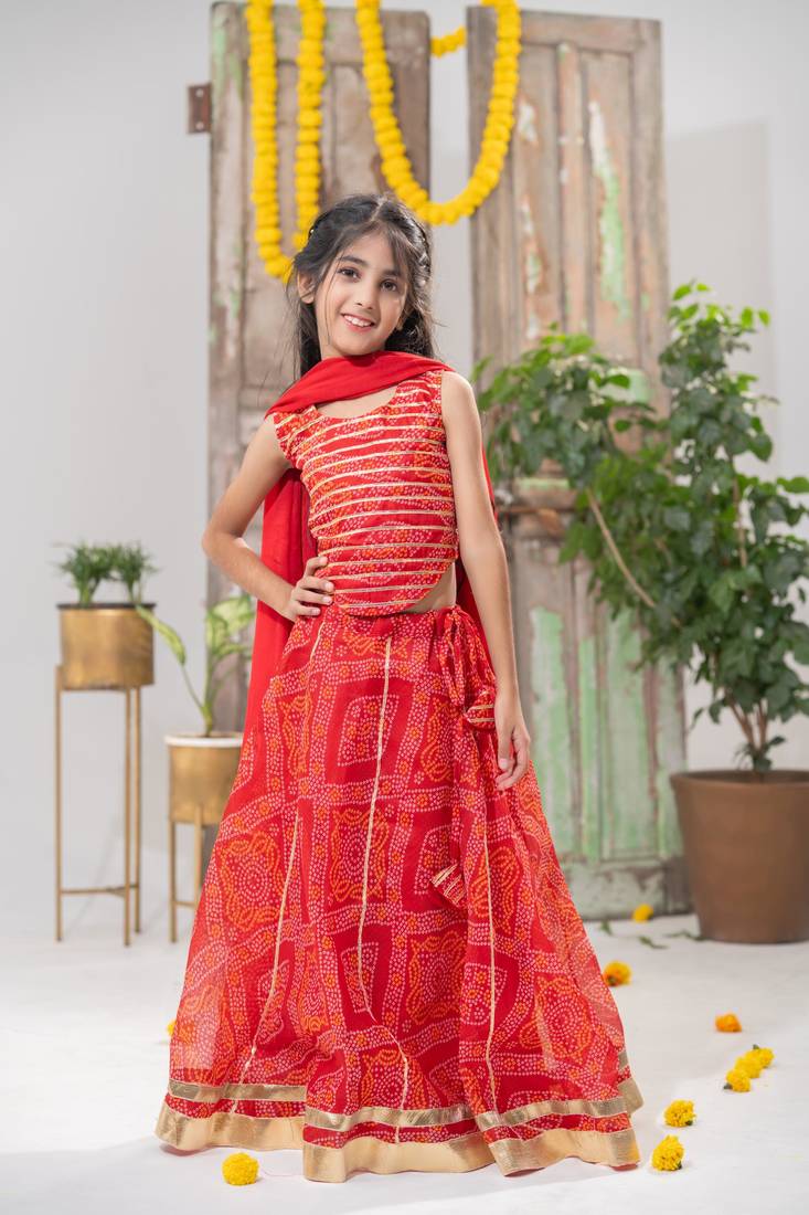 red color Bandhani Lehenga Choli with Dupatta