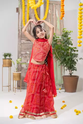 red color Bandhani Lehenga Choli with Dupatta