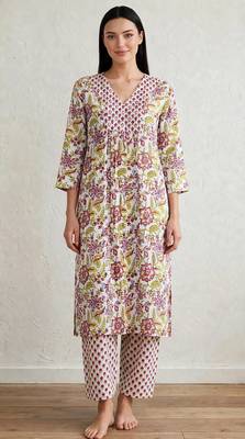 Yellow marron hand block  printed with embroidered a line cotton suit  with pajama 1