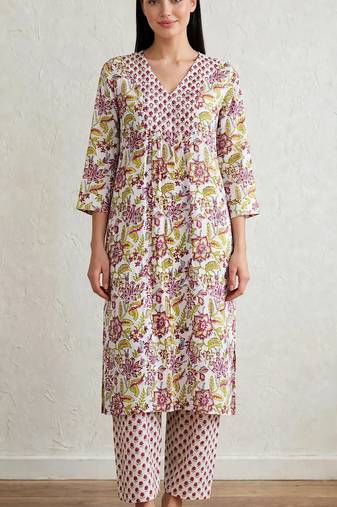 Yellow marron hand block  printed with embroidered a line cotton suit  with pajama