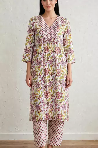 Yellow marron hand block  printed with embroidered a line cotton suit  with pajama