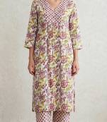 Yellow marron hand block  printed with embroidered a line cotton suit  with pajama