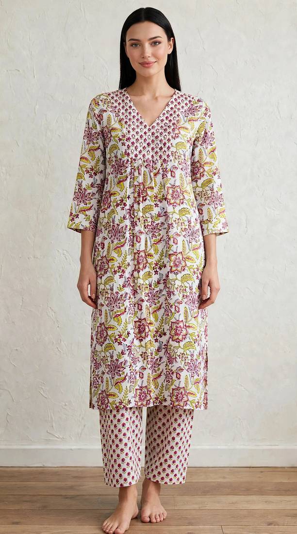 Yellow marron hand block  printed with embroidered a line cotton suit  with pajama