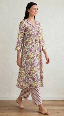 Yellow marron hand block  printed with embroidered a line cotton suit  with pajama 2