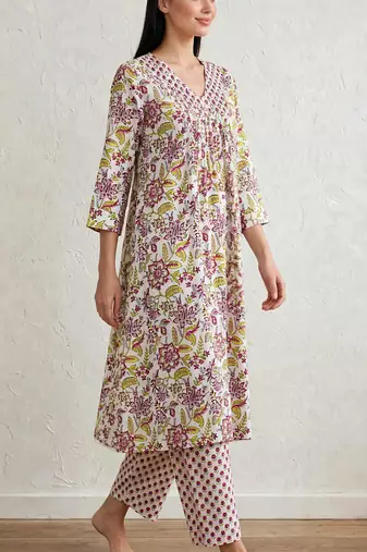 Yellow marron hand block  printed with embroidered a line cotton suit  with pajama