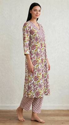 Yellow marron hand block  printed with embroidered a line cotton suit  with pajama 3