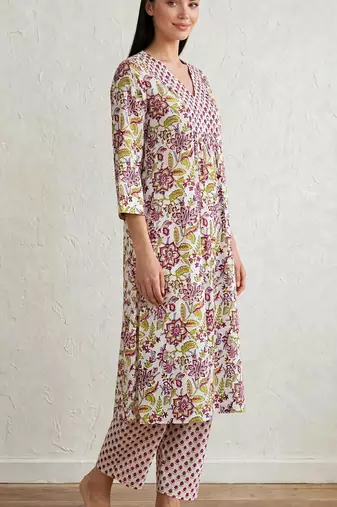 Yellow marron hand block  printed with embroidered a line cotton suit  with pajama