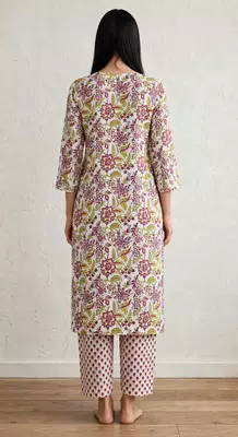Yellow marron hand block  printed with embroidered a line cotton suit  with pajama 4