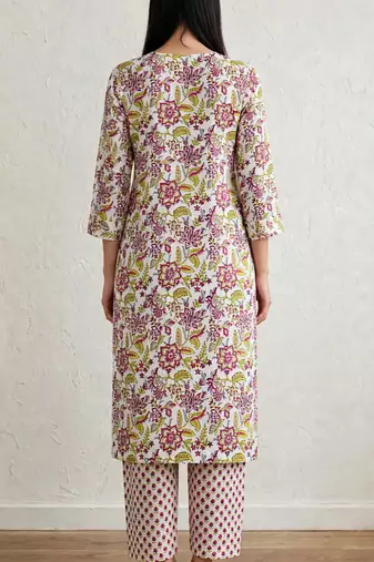 Yellow marron hand block  printed with embroidered a line cotton suit  with pajama