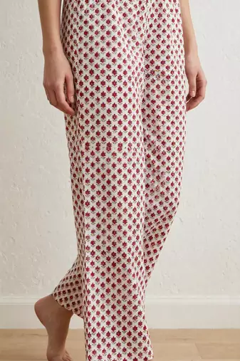 Yellow marron hand block  printed with embroidered a line cotton suit  with pajama