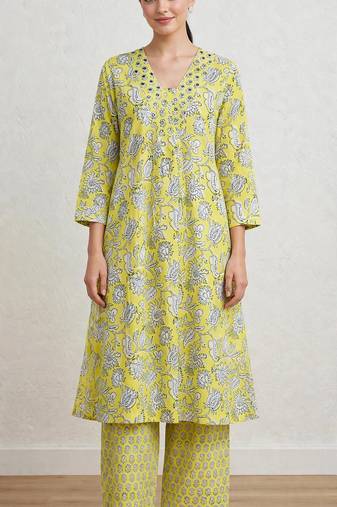 Lime green hand block printed with embroidered a line cotton suit with pajama