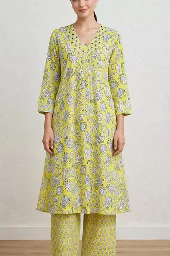 Lime green hand block printed with embroidered a line cotton suit with pajama