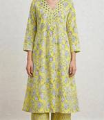 Lime green hand block printed with embroidered a line cotton suit with pajama