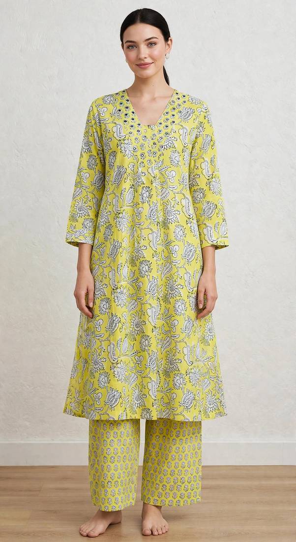 Lime green hand block printed with embroidered a line cotton suit with pajama