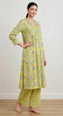 Lime green hand block printed with embroidered a line cotton suit with pajama 2