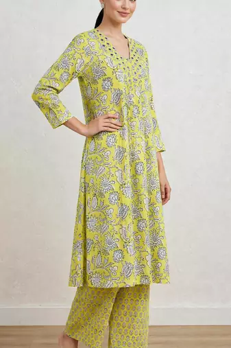 Lime green hand block printed with embroidered a line cotton suit with pajama
