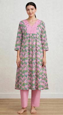 Pink lotus hand block printed with embrodered a line cotton suit with pajama 1