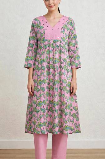 Pink lotus hand block printed with embrodered a line cotton suit with pajama