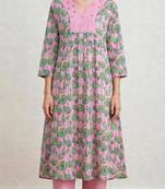 Pink lotus hand block printed with embrodered a line cotton suit with pajama