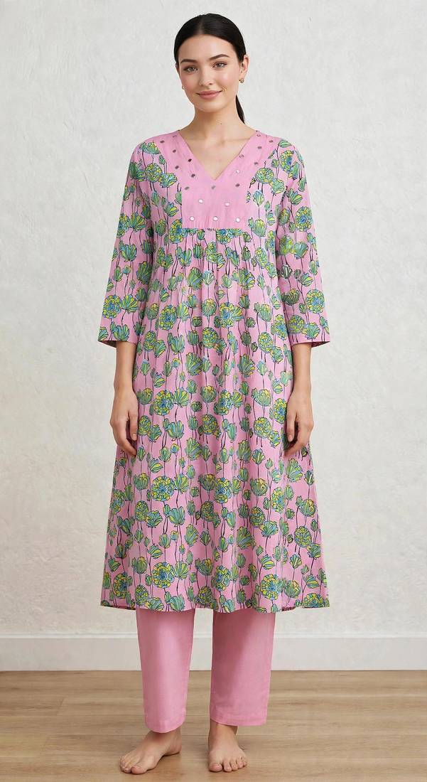 Pink lotus hand block printed with embrodered a line cotton suit with pajama