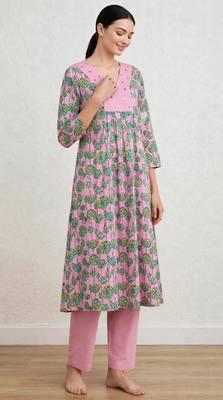 Pink lotus hand block printed with embrodered a line cotton suit with pajama 2