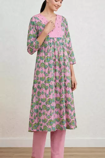 Pink lotus hand block printed with embrodered a line cotton suit with pajama