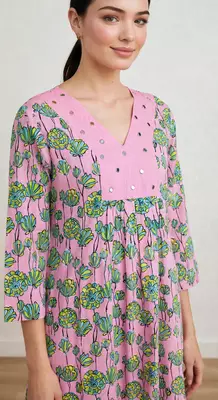 Pink lotus hand block printed with embrodered a line cotton suit with pajama 3