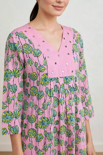 Pink lotus hand block printed with embrodered a line cotton suit with pajama